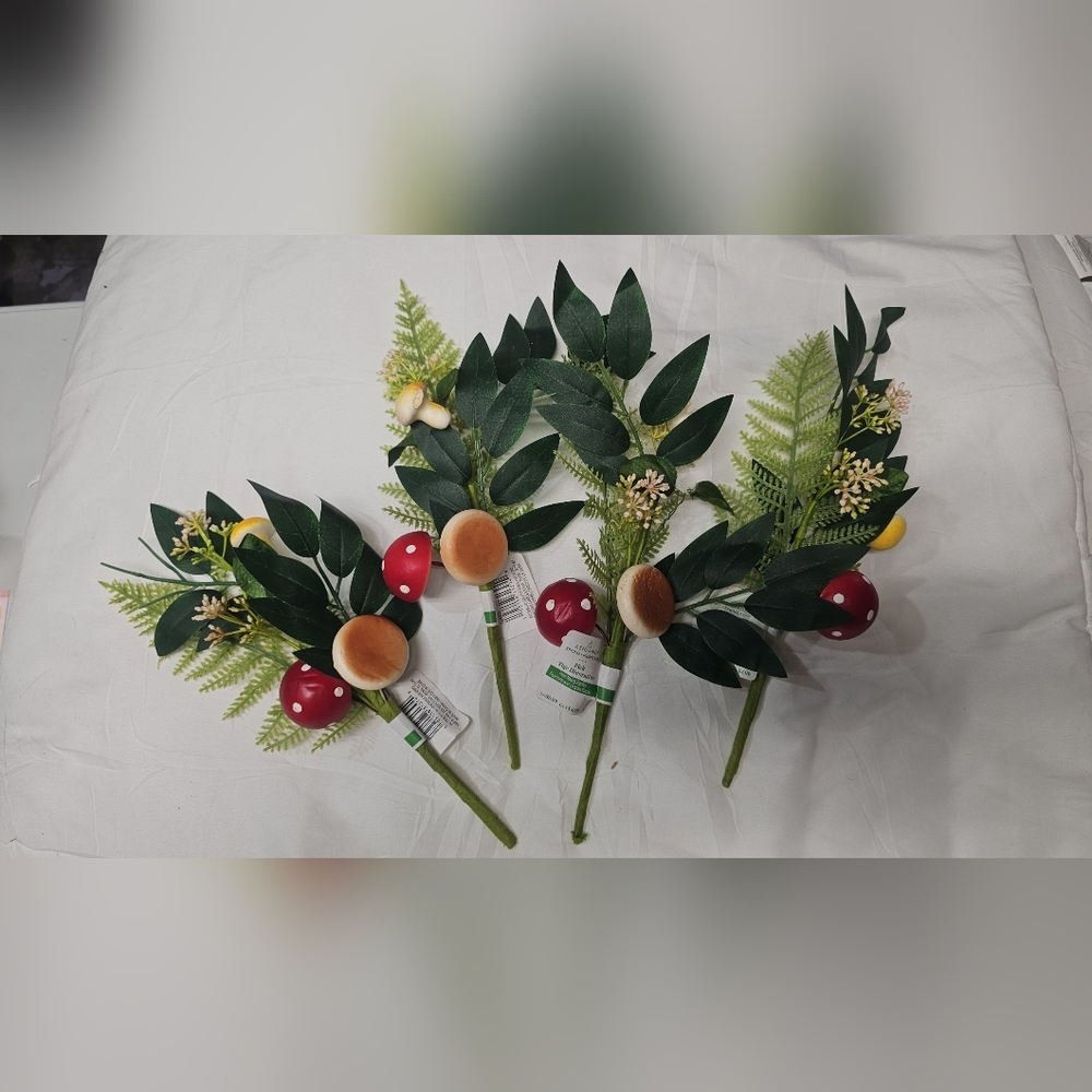 Artificial Greenery Stems with Red & Tan Mushroom Accents